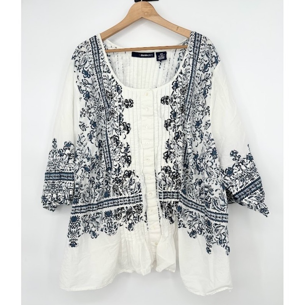 DENIM 24/7 Womens Button Down Shirt 100% Cotton White Floral Size 32W Pin Tuck